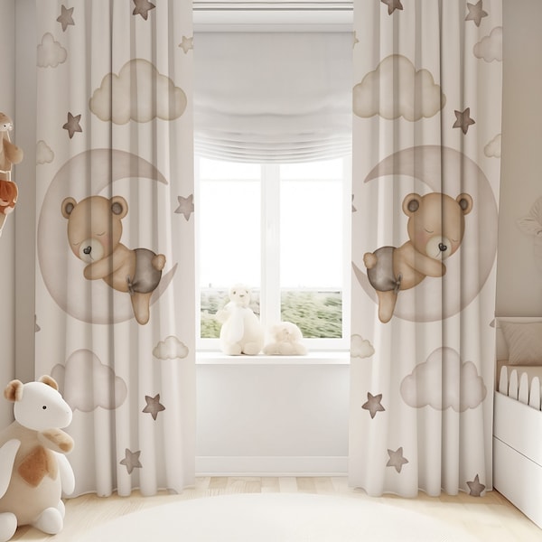 Bear on the moon nursery curtains, Blackout curtains, teddy bear curtains, curtain panels, teddy bear on moon nursery curtains,long curtains