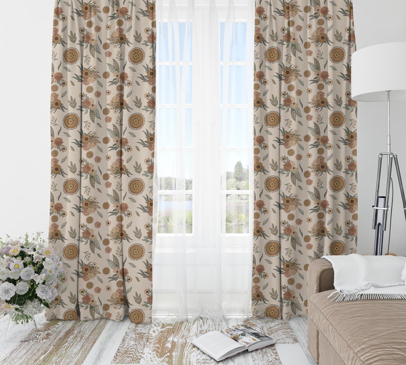 Boho Blackout curtains, Vintage floral living room curtains, Rust Bohemian curtain panels, boho floral custom curtains for nursery image 2