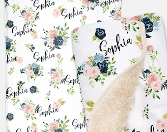 Cobertor de bebê personalizado: manta floral rosa blush, nome personalizado