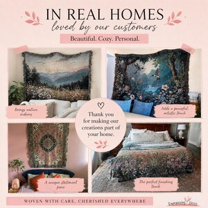 a collage of pictures of a bed with a tapestry on it