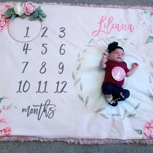 Baby Month Milestone Blanket roses Milestone blanket Girl Personalized Blanket Fleece Minky Photo prop Baby Shower Gift Infant image 2