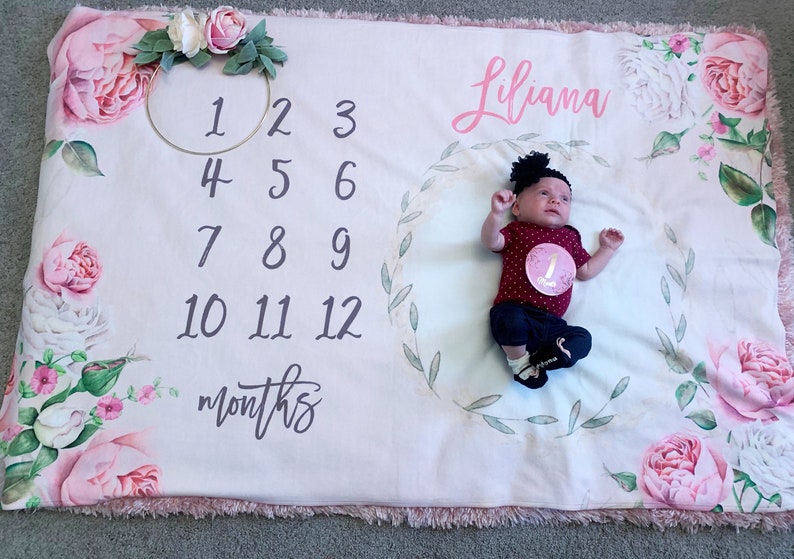 Baby Month Milestone Blanket roses Milestone blanket Girl Personalized Blanket Fleece Minky Photo prop Baby Shower Gift Infant image 2