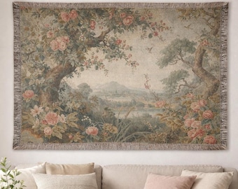 Vintage Blumenlandschaft Wandteppich - Extragroße romantische Cottagecore Wandkunst - Handgewebter Überwurf im französischen Landhausstil