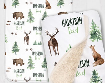 Woodland Baby Blanket Boy / Forest Animals Baby Bedding / Pine Tree receiving swaddle / Newborn Baby Blanket / Bear Personalized Blanket