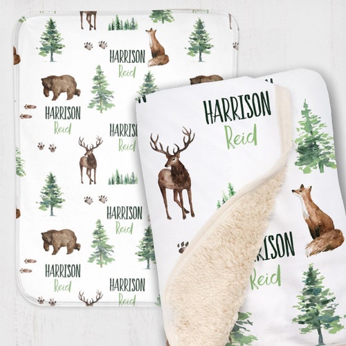 Personalized Throw Blanket Super Soft Fleece Blanket with Your Name Birthday Wedding Woodland Forest Deer Bear Custom Blankets for Couch Bed 60x80 Inches 