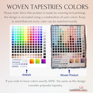 The image is a collage of two images, each depicting a different woven tapestry. The text in the image provides information about the colors used in the design of the tapestries, and it advises that the colors should be 100% matching to achieve the desired appearance.