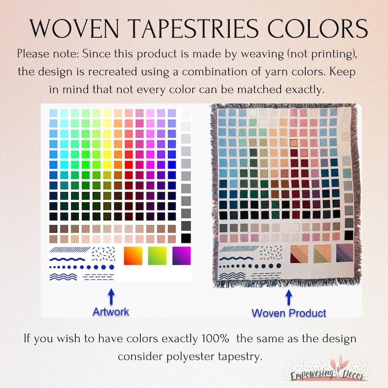 The image is a collage of two images, each depicting a different woven tapestry. The text in the image provides information about the colors used in the design of the tapestries, and it advises that the colors should be 100% matching to achieve the desired appearance.