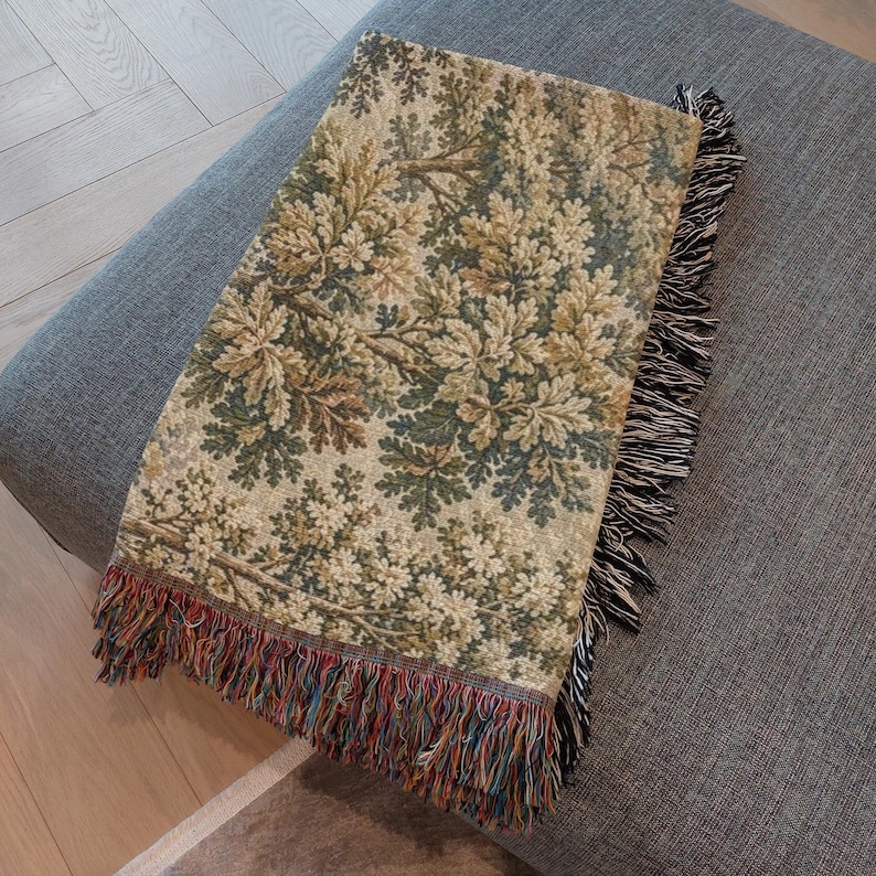 Vintage Forest Tapestry Blanket, Cottagecore Wall Hanging, Neutral Botanical Throw, Rustic Woodland Decor, Woven Nature Blanke image 3