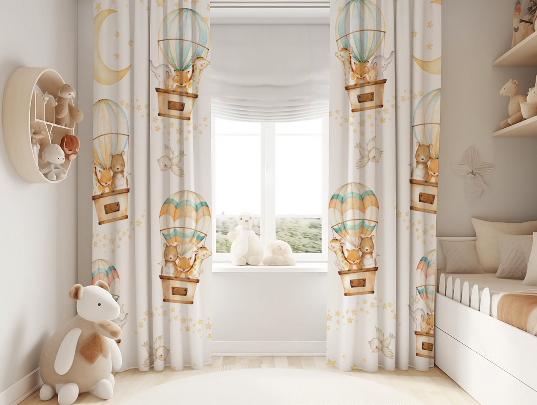 Neutral Nursery Curtains With Safari Animals in Hot Air Balloons, Hot — free download