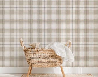 Papel pintado autoadhesivo a cuadros beige: decoración neutra para habitación infantil