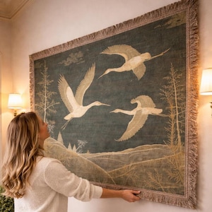 Crane Wall Tapestry, Vintage Bird Tapestry Wall Hanging, Japanese Style Crane Wall Decor, Large Woven Tapestry, Nature Landscape Textile Art