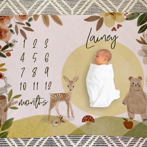 Milestone blanket neutral, Woodland milestone blanket with bear and deer, cute monthly blanket for boy or girl, brown woodland baby blanket