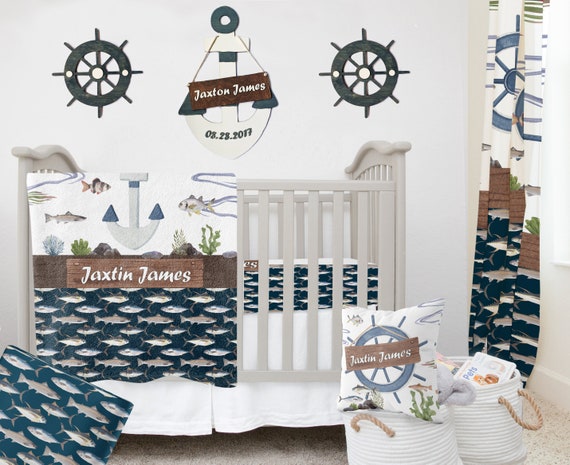 Fishing Crib Bedding, Nautical Boy Crib Bedding Set, Crib Sheets
