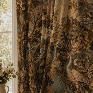 Vintage-Verdunkelungsvorhänge mit Pfauen- und Burgmotiv, viktorianische Fenstergardinen mit Blumenmuster, französischer Gobelin-Stil, Landhausstil