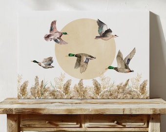 Fliegende Stockenten Enten Leinwand Wandkunst, Vintage Landschaft Malerei, rustikale Bauernhaus Dekor, Wildtier Druck Kindergarten, Jagdhaus Wanddekoration