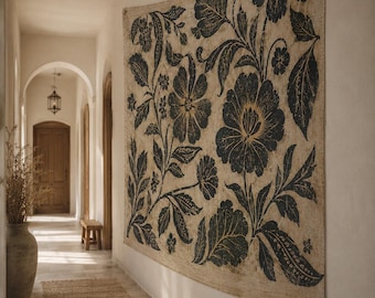 Tapiz de lino floral vintage para colgar en la pared, decoración botánica estilo cottagecore, arte de pared en tela beige y negra, decoración de habitación bohemia.