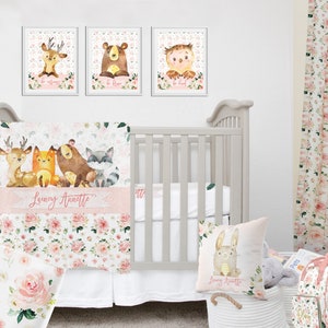 Forest Animals Crib Bedding Set, Baby Girl Crib Bedding, Bear Personalized Baby Girl Bedding, Nursery Bedding, Woodland Girl Bedding Set