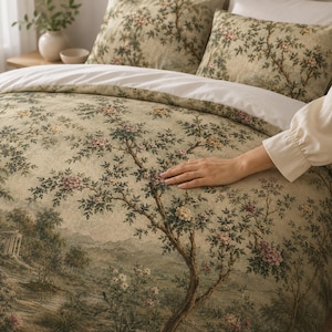 Vintage Botanical Cotton Duvet Cover Set, French Country Floral Bedding, Cottagecore Bedroom Decor, Garden Toile Bedding