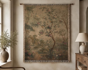 Vintage Botanical Tapestry Wall Hanging, French Cottagecore Decor, Floral Woven Blanket, Antique Landscape Textile Art, Rustic Wall Decor