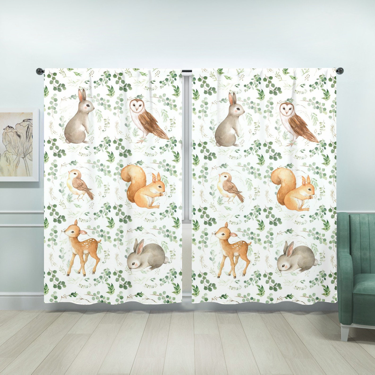 Woodland Nursery Curtains Baby Room Curtains Deer Bunny Etsy