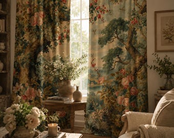 Floral Botanical Curtains, Vintage Tree & Rose Window Panels, Cottagecore French Country Drapes, Romantic Garden Curtains, Custom Size