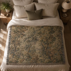 Vintage Forest Tapestry Blanket, Cottagecore Wall Hanging, Neutral Botanical Throw, Rustic Woodland Decor, Woven Nature Blanke image 5