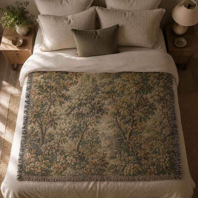 Vintage Forest Tapestry Blanket, Cottagecore Wall Hanging, Neutral Botanical Throw, Rustic Woodland Decor, Woven Nature Blanke image 5
