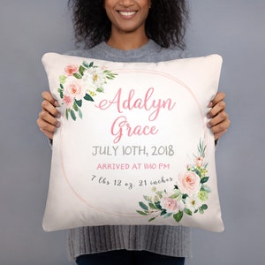 Kussen geboortekaartje meisjes - kussen geboorteakte - aangepast babykussen met naam - gepersonaliseerd aandenken babykussen - babycadeau