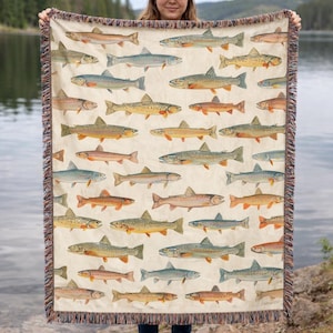 Trout Fish Tapestry Blanket, Vintage Fishing Cabin Decor, Lake House Wall Hanging, Fly Fishing Gift, Rustic Lodge Throw, , Woven Blanket