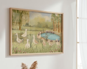 Dipinto di oche vintage su tela di cotone, decorazione da parete in stile country con cornice, decorazione per cameretta in stile fattoria, opera d'arte rustica con animali per la cameretta dei bambini