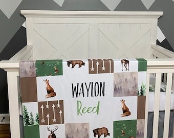 Baby Name Blanket for Boy, Woodland Fox Nursery Blanket, Baby Shower Gift, Forest Bedding, Woodland Animals Baby Shower, Travel Blanket