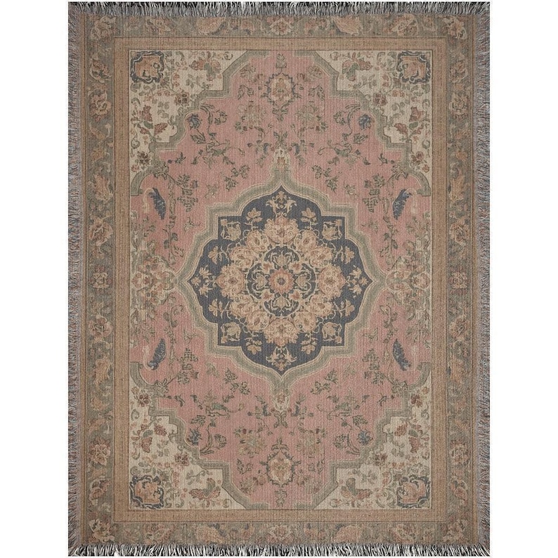 Vintage Floral Tapestry Wall Hanging, Large Boho Pink Rug Tapestry, Antique Medallion Textile Decor, Cottagecore Wall Art, Vintage Blanket image 6