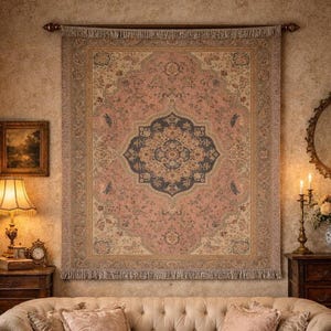Vintage Floral Tapestry Wall Hanging, Large Boho Pink Rug Tapestry, Antique Medallion Textile Decor, Cottagecore Wall Art, Vintage Blanket image 1