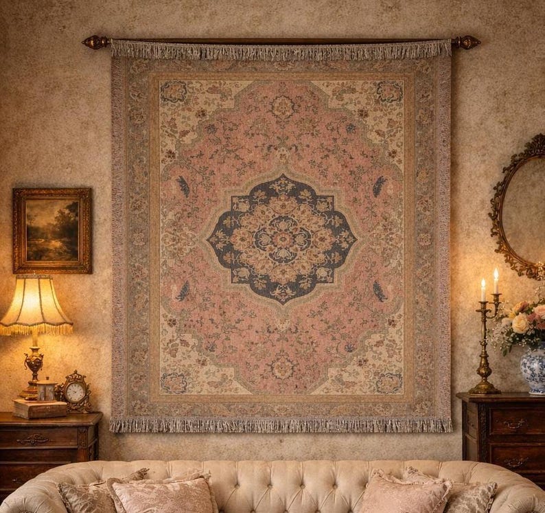 Vintage Floral Tapestry Wall Hanging, Large Boho Pink Rug Tapestry, Antique Medallion Textile Decor, Cottagecore Wall Art, Vintage Blanket image 1