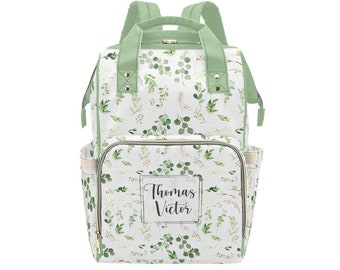 Personalisierter Greenery Windelrucksack: Babytasche mit Monogramm