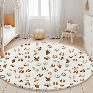 Runder Tierspuren Teppich, Waldteppich, Babyteppich, Wolle, Schafwolle, Reh, Fuchs, Reh, Bock