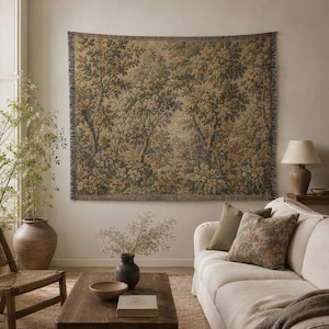 Vintage Forest Tapestry Blanket, Cottagecore Wall Hanging, Neutral Botanical Throw, Rustic Woodland Decor, Woven Nature Blanke image 6