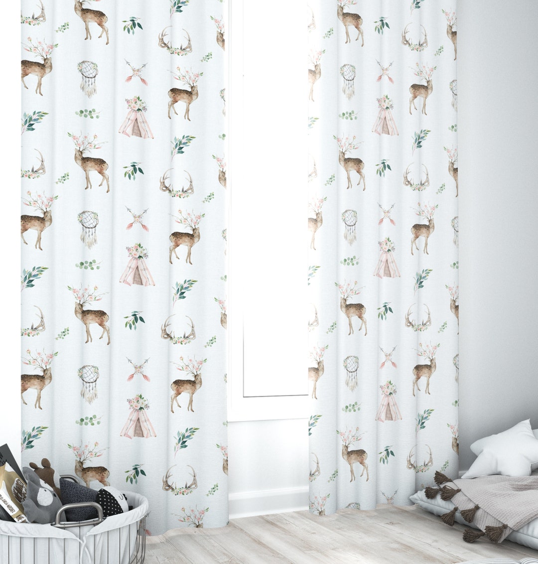Boho Woodland Nursery Curtains, Baby Room Curtains, Deer, Buck Nursery Curtains,woodland Theme
