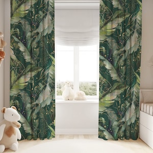 Tropical leaves curtains, emerald green and gold curtains, living room curtains, custom curtain, palm curtains, greenery curtains