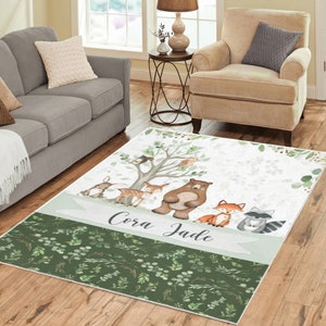 Woodland Area Rug, Baby room carpet, bear, fox, deer, buck nursery rug, woodland theme baby Nursery rug, Woodland personalized carpet