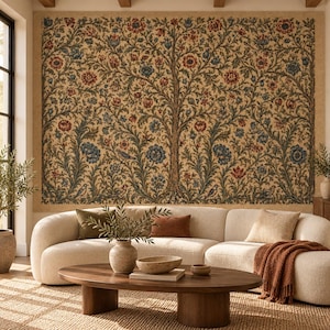 May include: A large rectangular wall tapestry featuring a dense, symmetrical botanical pattern of a central tree with intricate branches, red and blue flowers, and small birds, all set against a light beige background with a border.