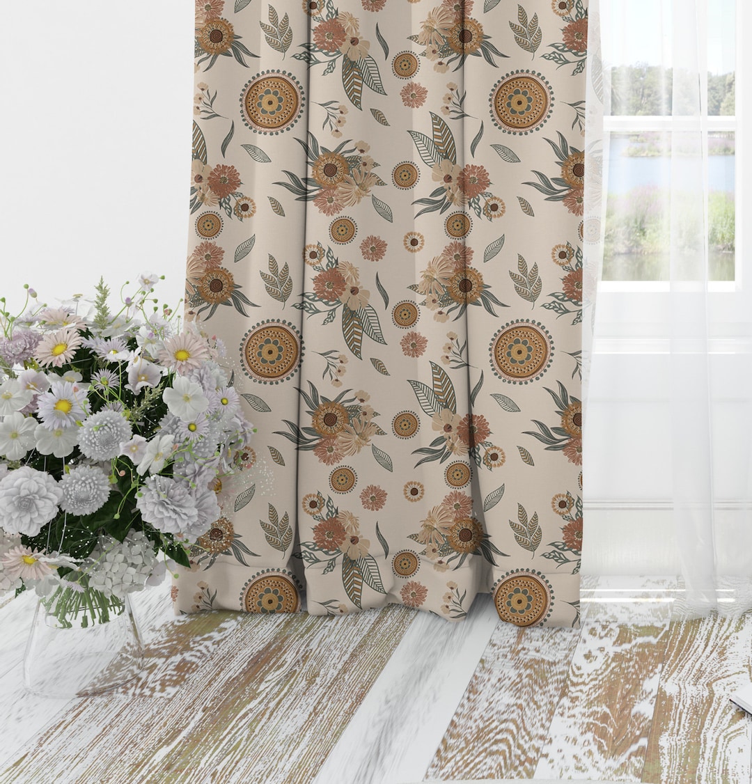 Boho Blackout Curtains, Vintage Floral Living Room Curtains, Rust