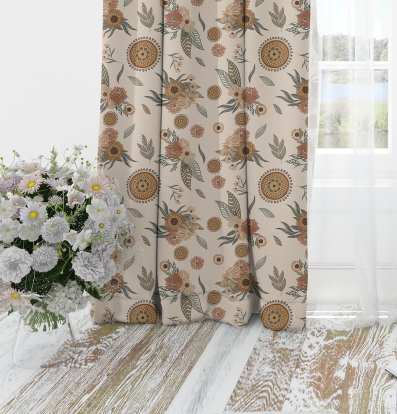 Boho Blackout curtains, Vintage floral living room curtains, Rust Bohemian curtain panels, boho floral custom curtains for nursery image 1