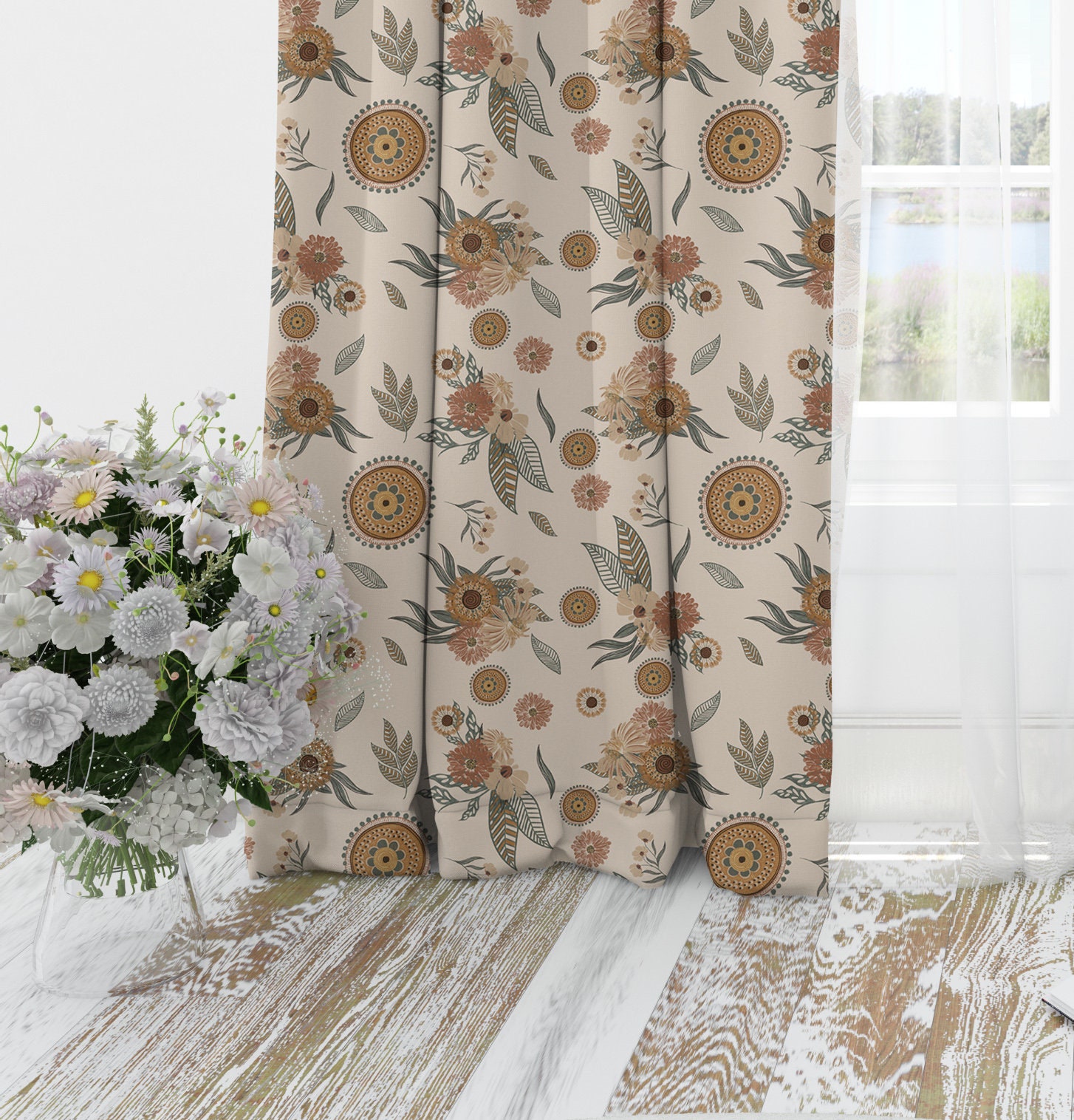 Boho Blackout curtains, Vintage floral living room curtains, Rust Bohemian curtain panels, boho  floral custom curtains for nursery