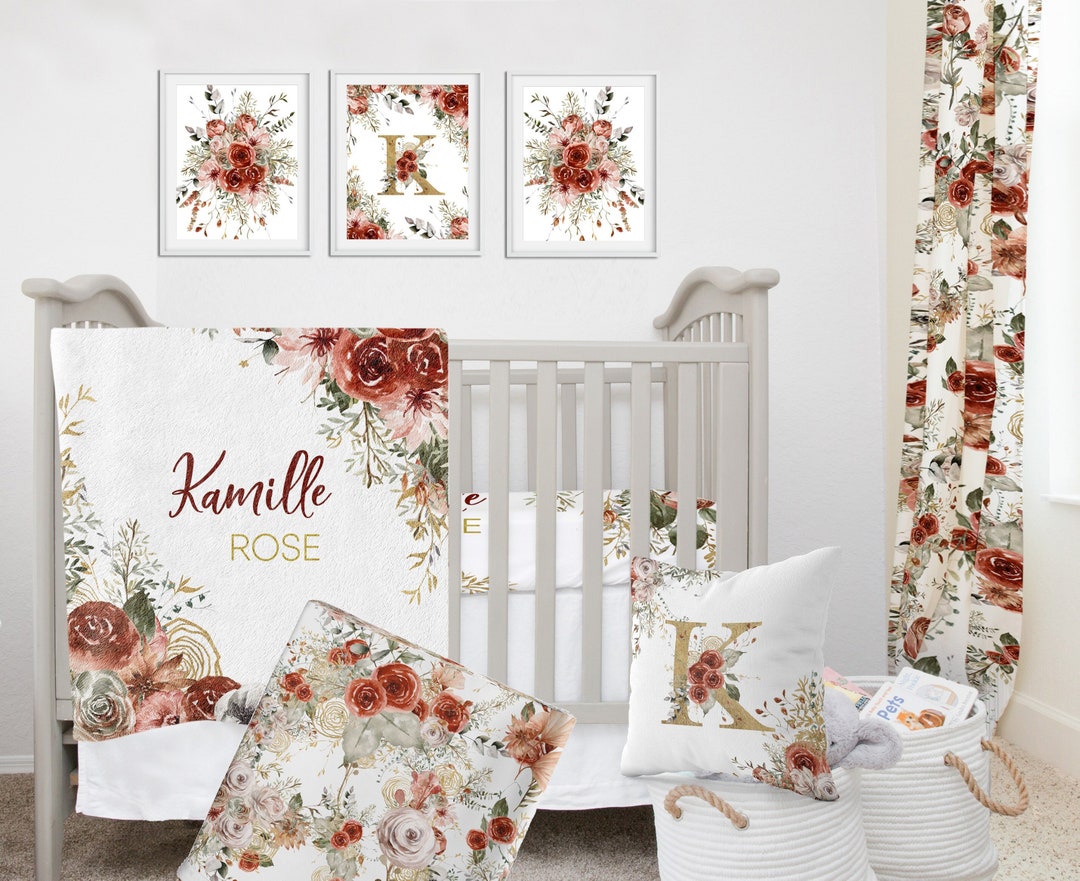 Boho Crib Bedding Set, Baby Girl Crib Bedding Set, Rust Floral Girl