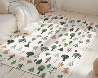 Woodland Nursery Rug: Watercolor Pine Trees, Washable Kids Play Mat