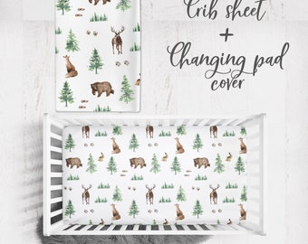 Woodland Baby Crib Bedding Set, Baby Boy Baby Bedding , Crib Bedding Set, Forest Animals, Man's Cave  Crib Sheet, changing pad cover