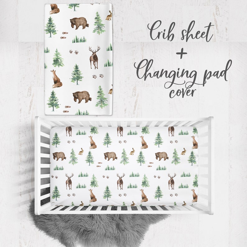 Woodland Baby Crib Bedding Set, Baby Boy Baby Bedding , Crib Bedding Set, Forest Animals, Man's Cave Crib Sheet, changing pad cover image 1