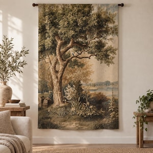 May include: A rectangular wall tapestry featuring a detailed landscape scene with a large central tree, lush green foliage, white flowering plants, and a distant river under a soft sky, all rendered in muted earth tones and shades of green.