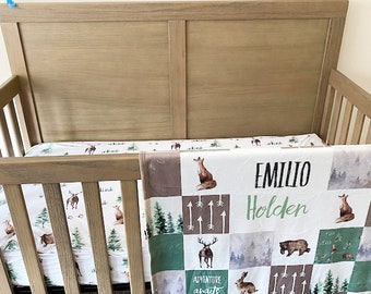 Woodland Bear Baby Blanket / Forest Animals Baby Bedding / Be brave little one / Newborn Baby Blanket / Pine Tree Personalized Blanket